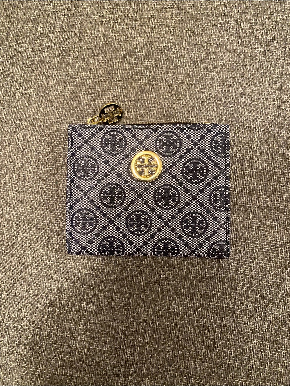 Tory Burch Black and White Logo Zip Card Holder with Gold Accent